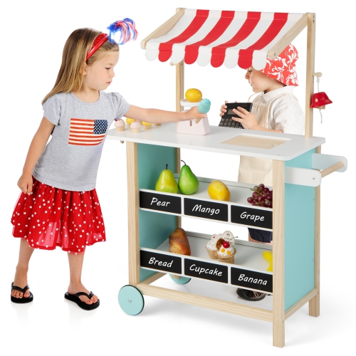 Costway Kids Ice Cream Cart Wooden Toddler Farmers Market Stand W/ Chalkboard & Storage
