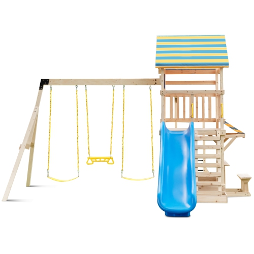 COSTWAY  Backyard Wooden Swing Set Slide Playset for Kids Outdoor Climbing Wall Sandpit