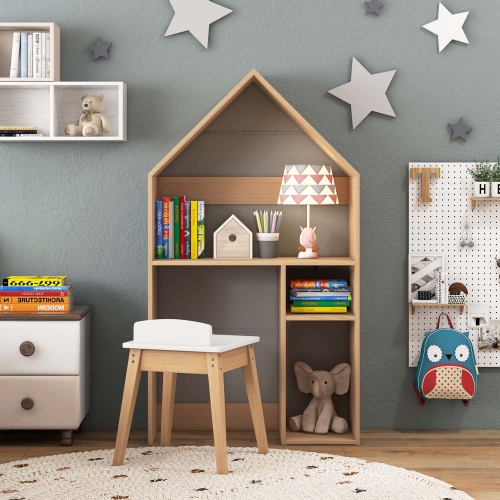 Costway Kids House-Shaped Table & Chair Set Wooden Toy Organizer Cabinet with Blackboard Grey/White