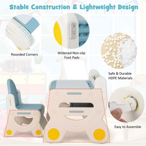 Costway Kids Drawing Table & Chair Set for Reading Playing with Pens & Blackboard Eraser Blue/Brown