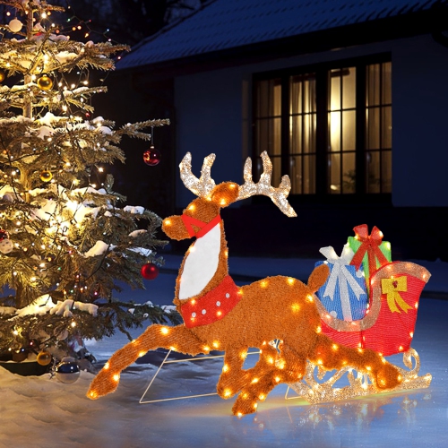 COSTWAY  Lighted 2D Christmas Reindeer And Sleigh Decoration Pre-Lit Glittered Decoration