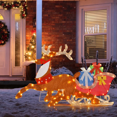 Costway Lighted 2D Christmas Reindeer and Sleigh Decoration Pre-Lit Glittered Decoration