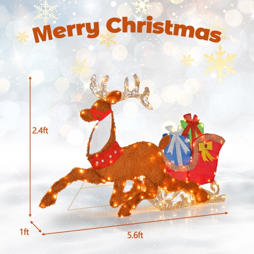 Costway Lighted 2D Christmas Reindeer and Sleigh Decoration Pre-Lit Glittered Decoration