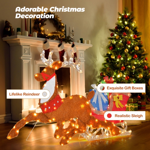 Costway Lighted 2D Christmas Reindeer and Sleigh Decoration Pre-Lit Glittered Decoration