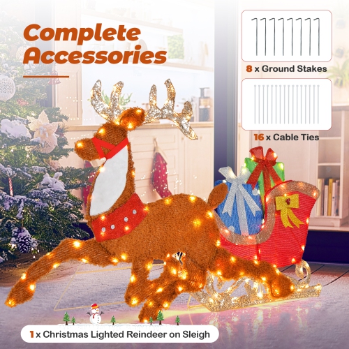 Costway Lighted 2D Christmas Reindeer and Sleigh Decoration Pre-Lit Glittered Decoration