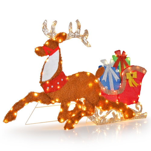 Costway Lighted 2D Christmas Reindeer and Sleigh Decoration Pre-Lit Glittered Decoration