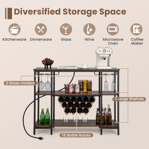 Costway Wine Cabinet Bar Table Wine Rack Table for Drinks Glasses with Power Outlets