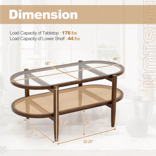 Costway 2-Tier Coffee Table Tempered Glass Top with PE Rattan Shelf & Acacia Wood Frame