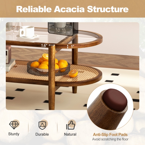 Costway 2-Tier Coffee Table Tempered Glass Top with PE Rattan Shelf & Acacia Wood Frame