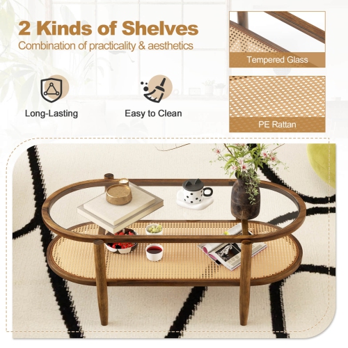 Costway 2-Tier Coffee Table Tempered Glass Top with PE Rattan Shelf & Acacia Wood Frame