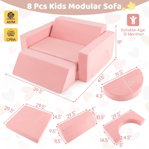 Costway Kids Modular Play Sofa 8 PCS with Detachable Cover for Playroom & Bedroom Indoor