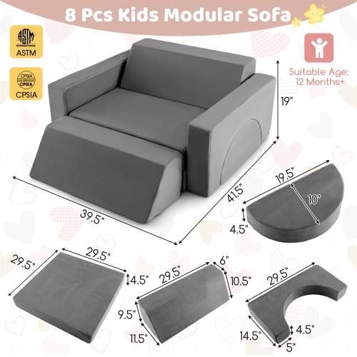 Ensemble 8 pièces avec canapé modulaire pour enfants de Costway avec housse amovible pour la salle de jeu et la chambre à coucher