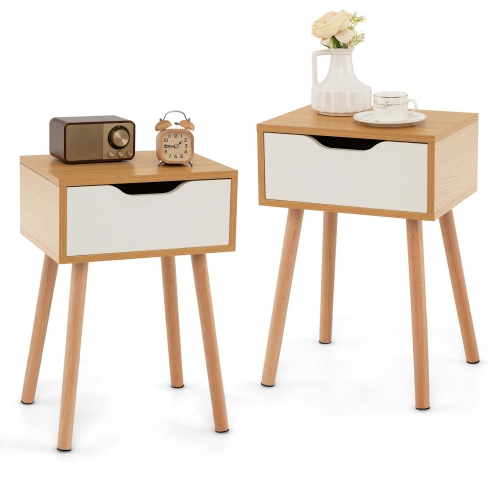 COSTWAY  2PCs Nightstand End Side Sofa Table Storage Drawer Living Room With Solid Wood Leg