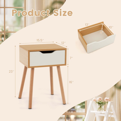 Costway 1PC Nightstand End Side Sofa Table Storage Drawer Living Room with Solid Wood Leg