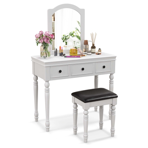 COSTWAY  Vanity Table Set Makeup Desk Cushioned Stool 3 Drawer Large Mirror