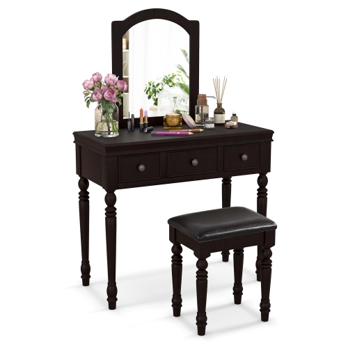 COSTWAY  Vanity Table Set Makeup Desk Cushioned Stool 3 Drawer Large Mirror