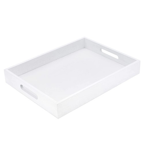 White Wooden Serving Tray, 46 x 36 x 8.5 cm Decorative Storage Tray with Cutout Handles for Home, Kitchen, Living Room