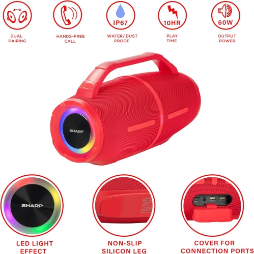 Sharp Waterproof Bluetooth Speaker with DSP Technology-Red