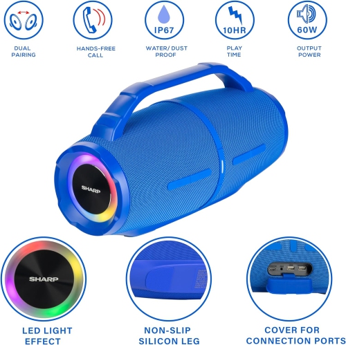 Sharp Waterproof Bluetooth Speaker with DSP Technology-Blue