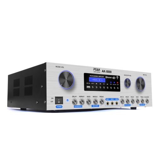 PEAK Karaoke Platinum Bluetooth Amplifier: Feedback Eliminator, Loudness Feature, Echo, 4 Speaker connections, AM/FM, AUX - PK-AMP-004 (SILVER)