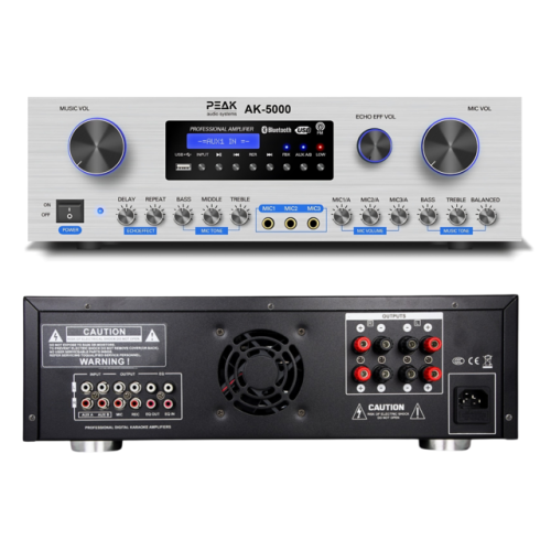 PEAK Karaoke Platinum Bluetooth Amplifier: Feedback Eliminator, Loudness Feature, Echo, 4 Speaker connections, AM/FM, AUX - PK-AMP-004 (SILVER)