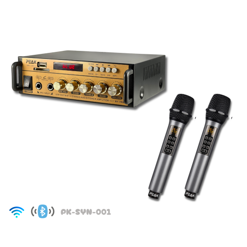 PEAK Karaoke Gold System Package: Bluetooth Stereo Amplifier PK-AMP-001, Two UHF Rechargeable Wireless Microphone with Echo and Volume control