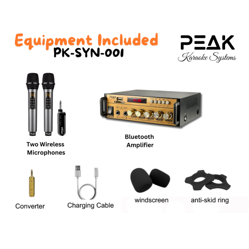 PEAK Karaoke Gold System Package: Bluetooth Stereo Amplifier PK-AMP-001, Two UHF Rechargeable Wireless Microphone with Echo and Volume control