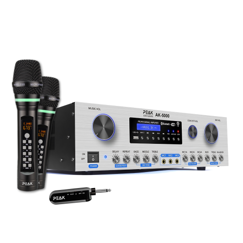 PEAK Karaoke Platinum Bluetooth System Package: Feedback Eliminator, Loudness Feature, Echo, AM/FM (SILVER); Two UHF Platinum Wireless Rechargeable