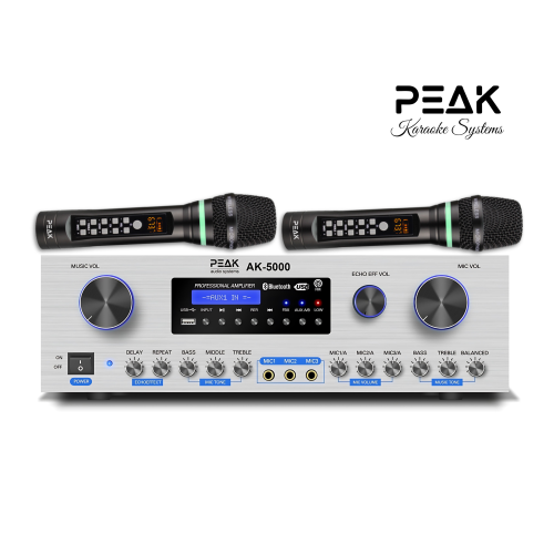 PEAK Karaoke Platinum Bluetooth System Package: Feedback Eliminator, Loudness Feature, Echo, AM/FM (SILVER); Two UHF Platinum Wireless Rechargeable
