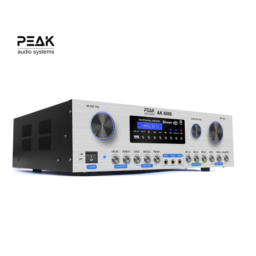 PEAK Karaoke Platinum Bluetooth System Package: Feedback Eliminator, Loudness Feature, Echo, AM/FM (SILVER); Two UHF Platinum Wireless Rechargeable