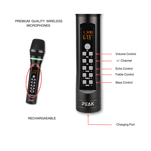 PEAK Karaoke Platinum Bluetooth System Package: Feedback Eliminator, Loudness Feature, Echo, AM/FM (SILVER); Two UHF Platinum Wireless Rechargeable