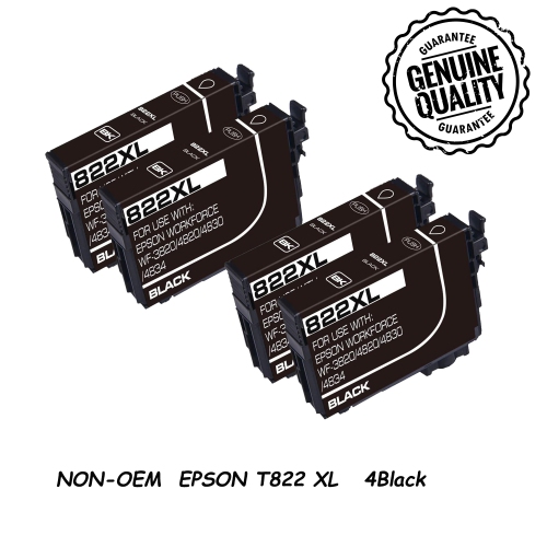 [New Chip] 4 Black Compatible Ink Cartridge Replacement for Epson T822 822XL to use with WorkForce Pro WF-3820 WF-3823 WF-4820 WF-4830 WF-4833 WF-483