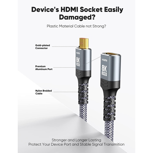 NIERBO 1FT/0.3M, HDMI Extension Cable Male-Female Adapter for TV, 4K@120Hz 8K@60Hz 2.1 High Speed 48Gbps, Compatible Google Chrome Cast, Roku Stick,
