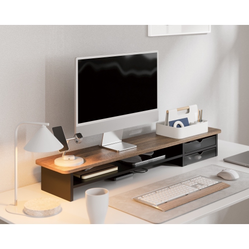 Fenge Monitor Stand, Dual Monitor Riser, 42.5inch Large Desk Computer Monitor Stand Riser with Drawer, 2 Tier Wood & Acrylic Desktop Organizer for