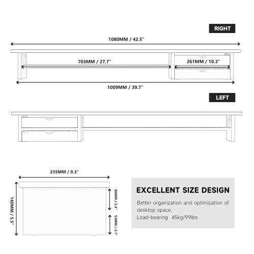 Fenge Monitor Stand, Dual Monitor Riser, 42.5inch Large Desk Computer Monitor Stand Riser with Drawer, 2 Tier Wood & Acrylic Desktop Organizer for