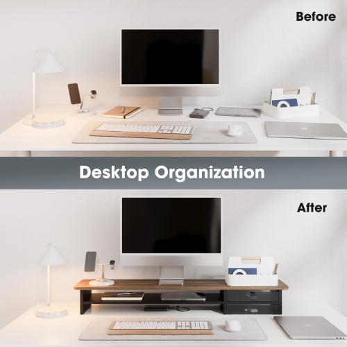 Fenge Monitor Stand, Dual Monitor Riser, 42.5inch Large Desk Computer Monitor Stand Riser with Drawer, 2 Tier Wood & Acrylic Desktop Organizer for