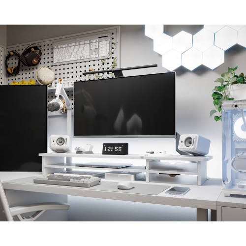 Fenge Monitor Stand, Dual Monitor Riser, 42.5inch Large Desk Computer Monitor Stand Riser with Drawer, 2 Tier Wood & Acrylic Desktop Organizer for