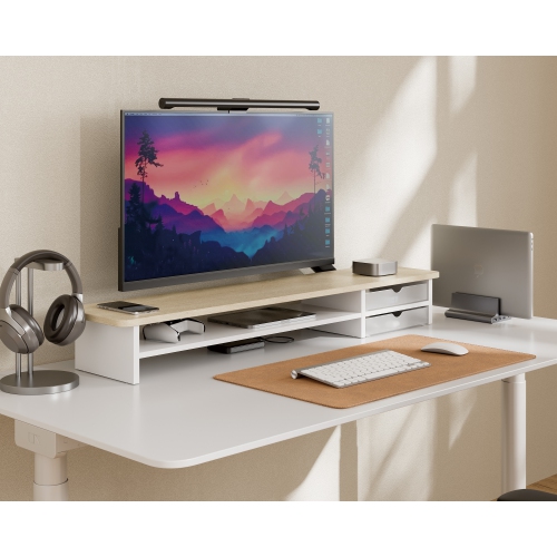 Fenge Monitor Stand, Dual Monitor Riser, 42.5inch Large Desk Computer Monitor Stand Riser with Drawer, 2 Tier Wood & Acrylic Desktop Organizer for