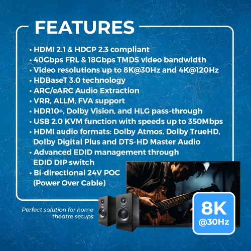 OREI 8K HDMI & KVM Extender Over HDBaseT 3.0 Up To 330 Feet