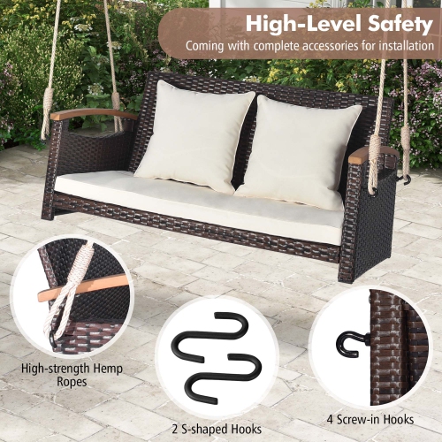 Costway Patio Rattan Porch Swing 2-Person Hanging Chair Cushioned Loveseat for Backyard