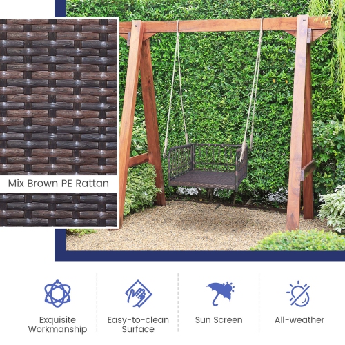 Costway Porch Swing Chair Rattan Woven Hanging Bench Seat with Cushions Hooks Balcony Navy