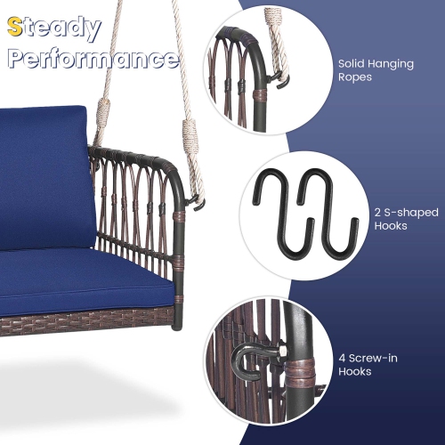 Costway Porch Swing Chair Rattan Woven Hanging Bench Seat with Cushions Hooks Balcony Navy