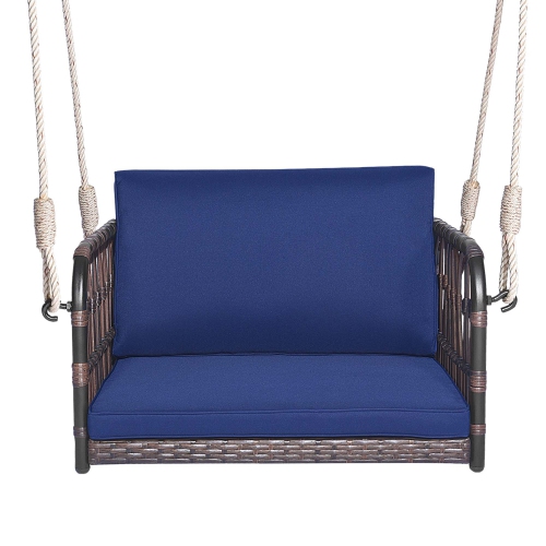 Costway Porch Swing Chair Rattan Woven Hanging Bench Seat with Cushions Hooks Balcony Navy