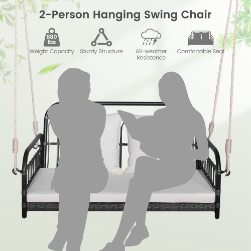 Costway Patio Swing Chair 2-Person Hanging Seat Outdoor Wicker Loveseat Cushioned Porch