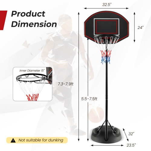 Système de basketball portatif réglable 5,5-7,5FT de Costway avec panneau incassable