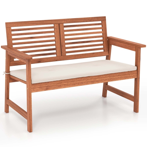 Costway Patio Bench Outdoor Solid Wood Loveseat Chair with Backrest & Cushion Porch Garden