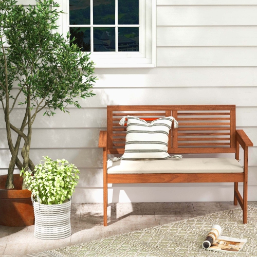 Costway Patio Bench Outdoor Solid Wood Loveseat Chair with Backrest & Cushion Porch Garden