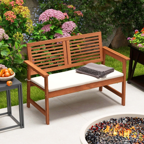 Costway Patio Bench Outdoor Solid Wood Loveseat Chair with Backrest & Cushion Porch Garden