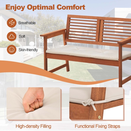 Costway Patio Bench Outdoor Solid Wood Loveseat Chair with Backrest & Cushion Porch Garden
