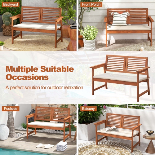 Costway Patio Bench Outdoor Solid Wood Loveseat Chair with Backrest & Cushion Porch Garden